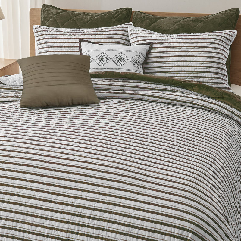 Queen Size White and Brown Striped Cotton Quilt Set with Shams and Throw Pillows