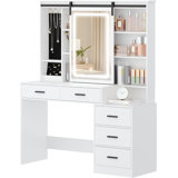 Dressing Table with Adjustable LED Lights, Removable Large Mirror, with Jewellery Storage, Open Shelves, 5 Drawers, with Beside table, for Bedroom
