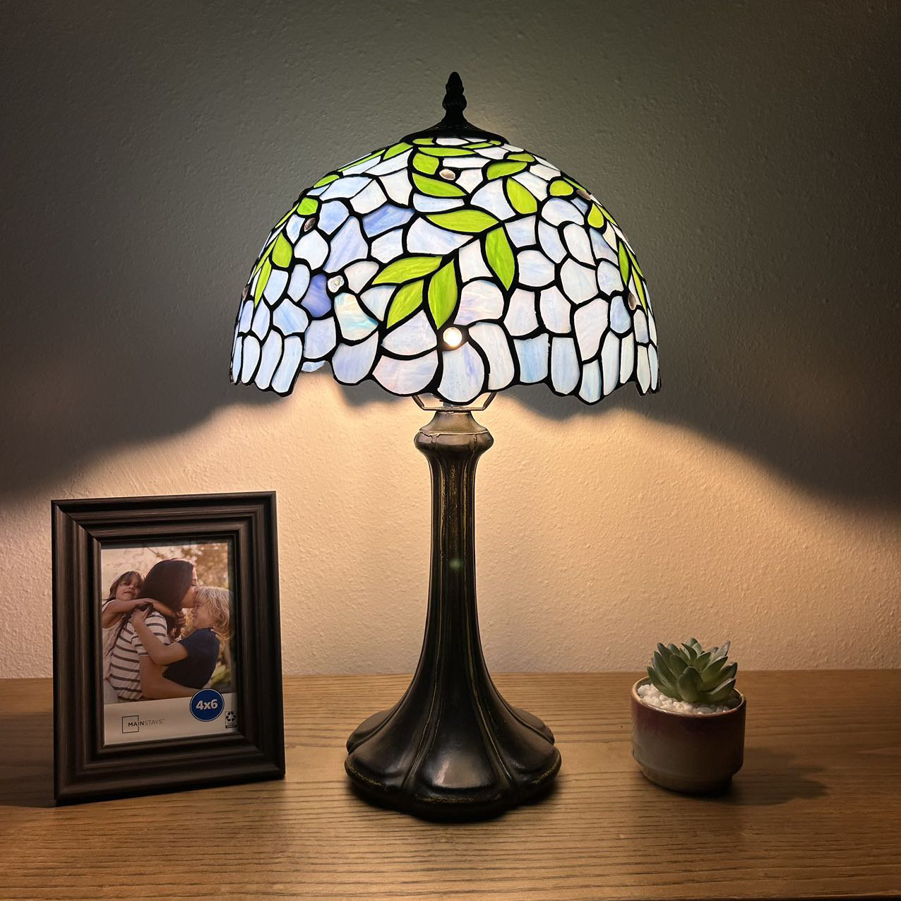 Canora Grey Varnum Tiffany Style Table Lamp Blue Stained Glass Green Leaves Included LED Bulb 19"H*12"W*12"D & Reviews | Wayfair