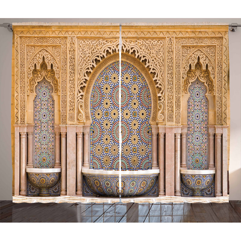 Typical Moroccan Tiled Fountain 2 Piece Semi Sheer Curtain Set, 140cm W  x 245cm L