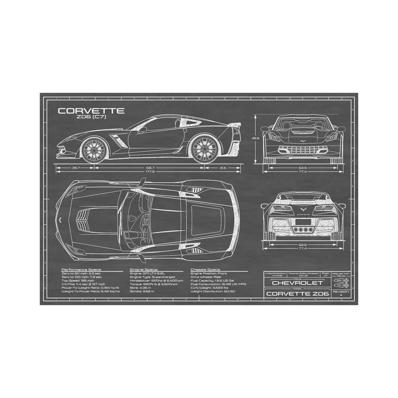 Corvette (C7) Z06-impression de dessin, Pas de tapis, Toile tendue, H 12 po x l 18 po x P 1,5 po