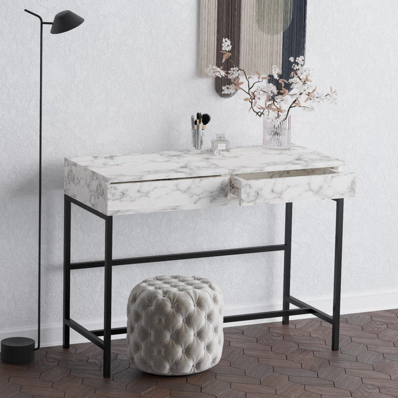 Modern Make-Up Table with Metal Legs, 39.4 x 17.7 x 17.7 inches | 100% Melamine Coated Particle Board, 0.7 inches Thick | Features Multiple Shelves, Wall-Mountable Design, Stylish & Functional