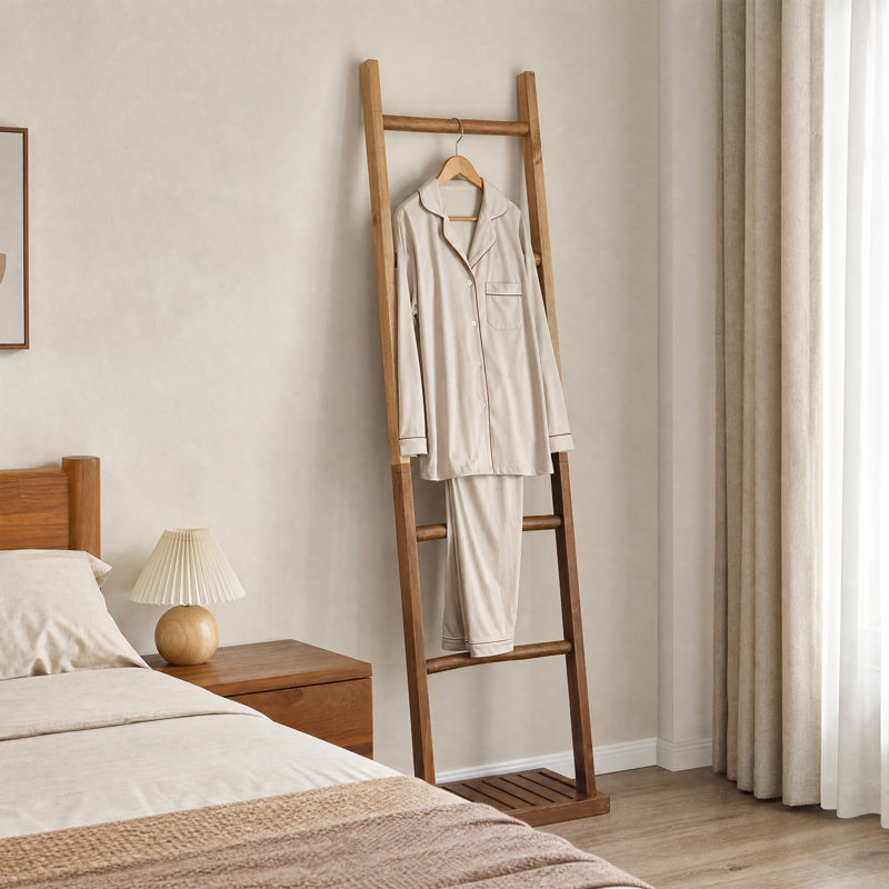 Échelle à couvertures autoportante en bois massif de 179 cm avec tablette de rangement