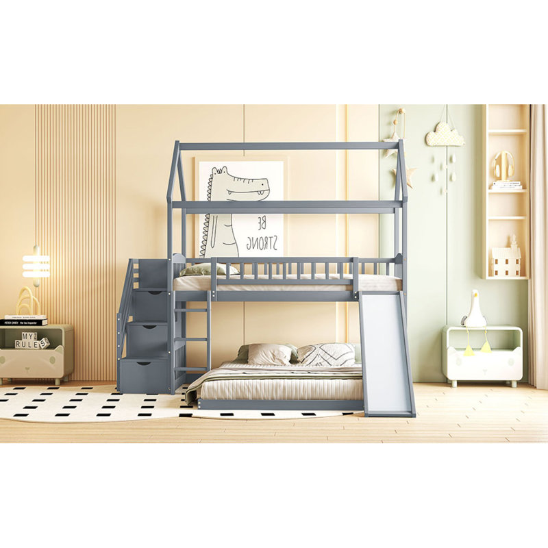 Lit simple superposé au dessus d'un lit double avec glissade, lit maison avec glissade, gris