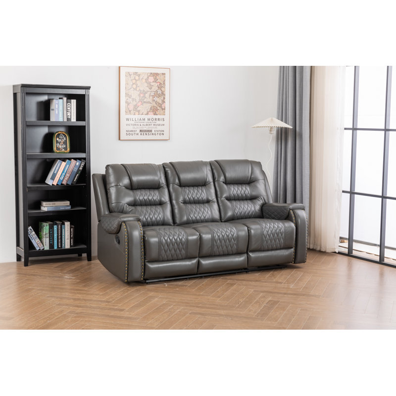 Ilyia Vegan Leather Livingroom Reclining Sofa, Gray Faux Leather