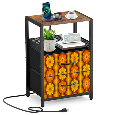 2 Fabric Drawers Night Stand with Charging Station retro vintage Mid Century Modern Seamless Bedroom Bedside Table End Table with Open Shelf USB Ports and Outlets