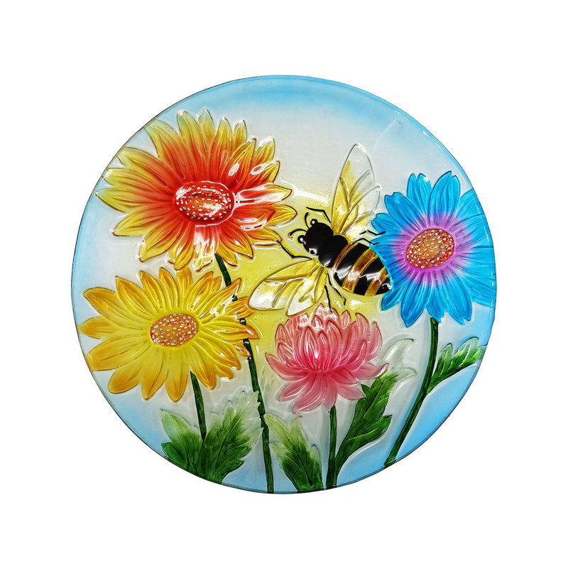 18"W Glass Bee Birdbath with Metal Stand