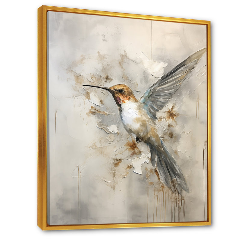 Colibri floral flottant II - Art mural colibri, H 44 po x l 34 po x P 1,5 po, Cadre flottant doré