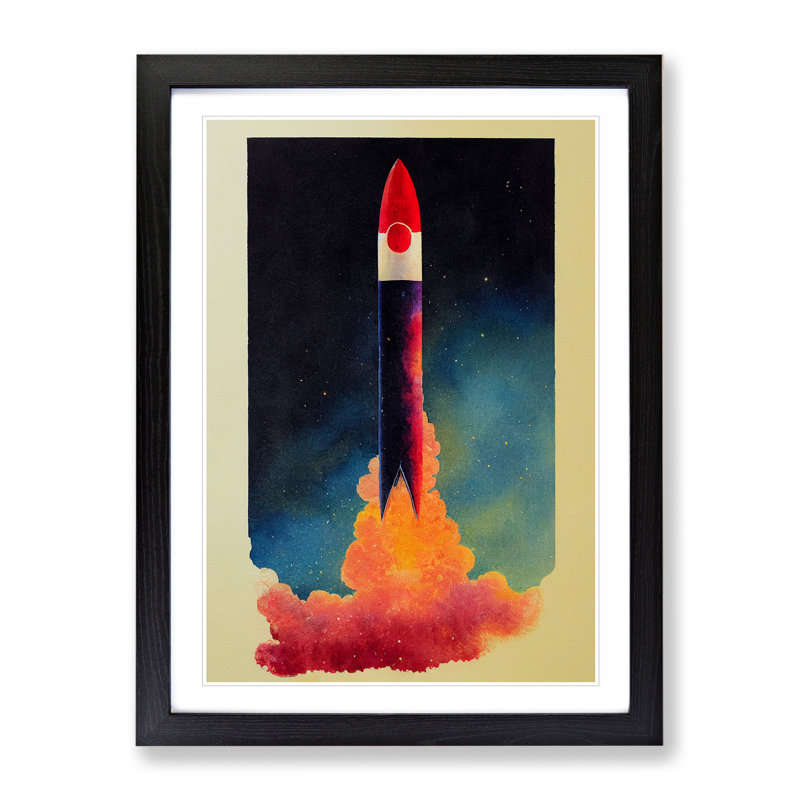 Adventurous Spaceship Rocket - Single Picture Frame Painting, Black Framed, 64cm H x 46cm W x 2cm D
