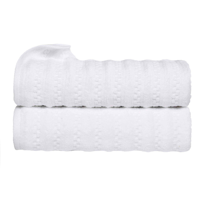 Blue Nile Mills  Zero-Twist Cotton Bath Towel Set - Waffle Stripe Texture - Quick-Dry, White