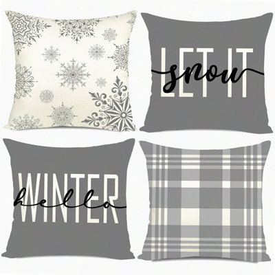 Winter Wonderland Snowflake Plaid Pillow Cover Set - Set of 4 Decorative Xmas Pillow Shams for Couch Sofa - Let it Snow Holiday Slipcovers