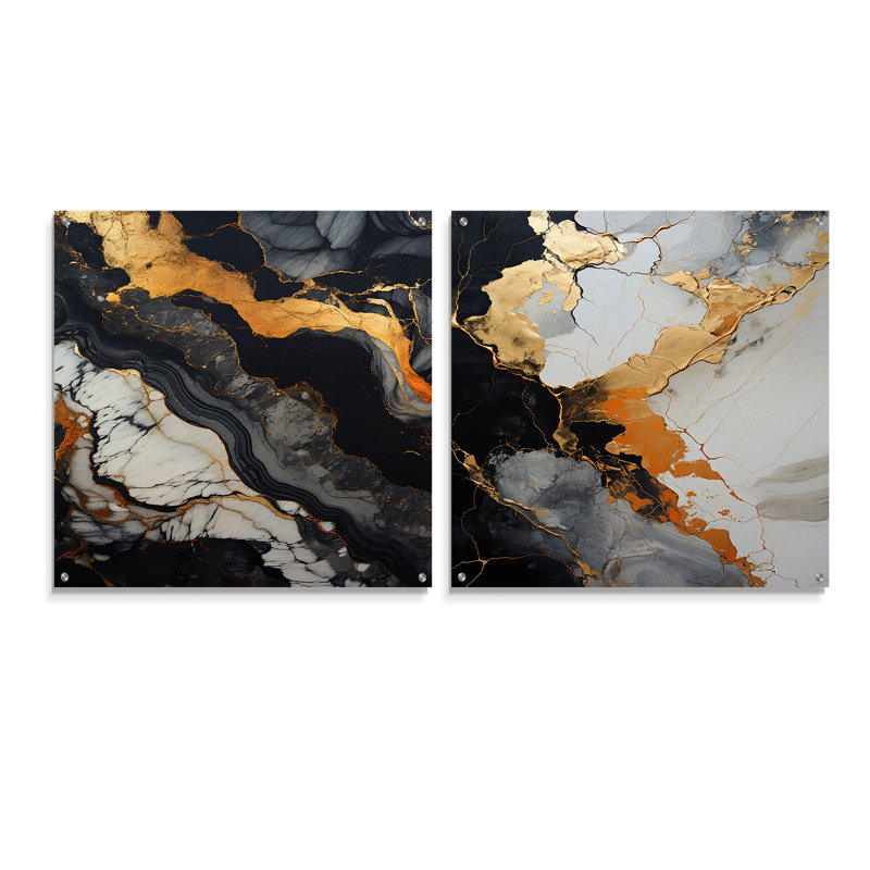 Minimalisme chrome doré et poteries noires III - Spirales abstraites acrylique ensemble d'art sur verre, H 36 po x l 73 po