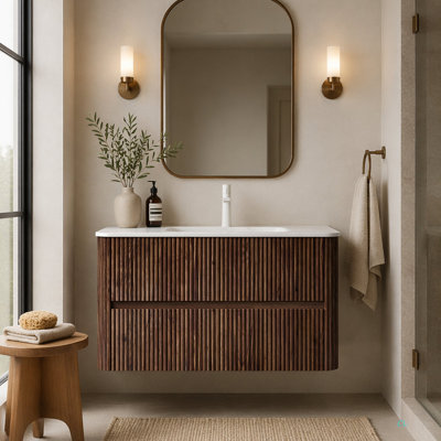 Meuble-lavabo 36 po, armoire de rangement en contreplaqué à rayures flottantes avec 2 tiroirs, vasque rectangulaire intégrée en pierre frittée Carrara, pré-assemblée