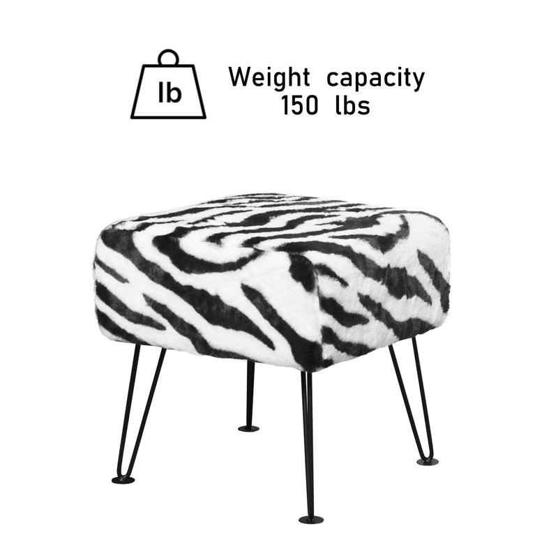 Upholstered Ottoman, Black/White Faux Fur