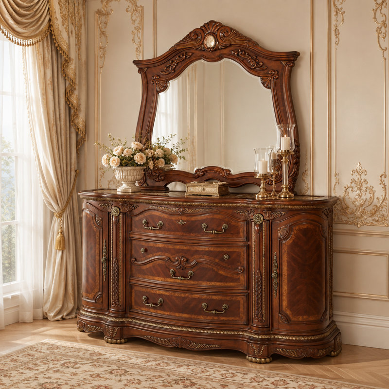 Commode traditionnelle Cortina en bois avec miroir - Noyer miel