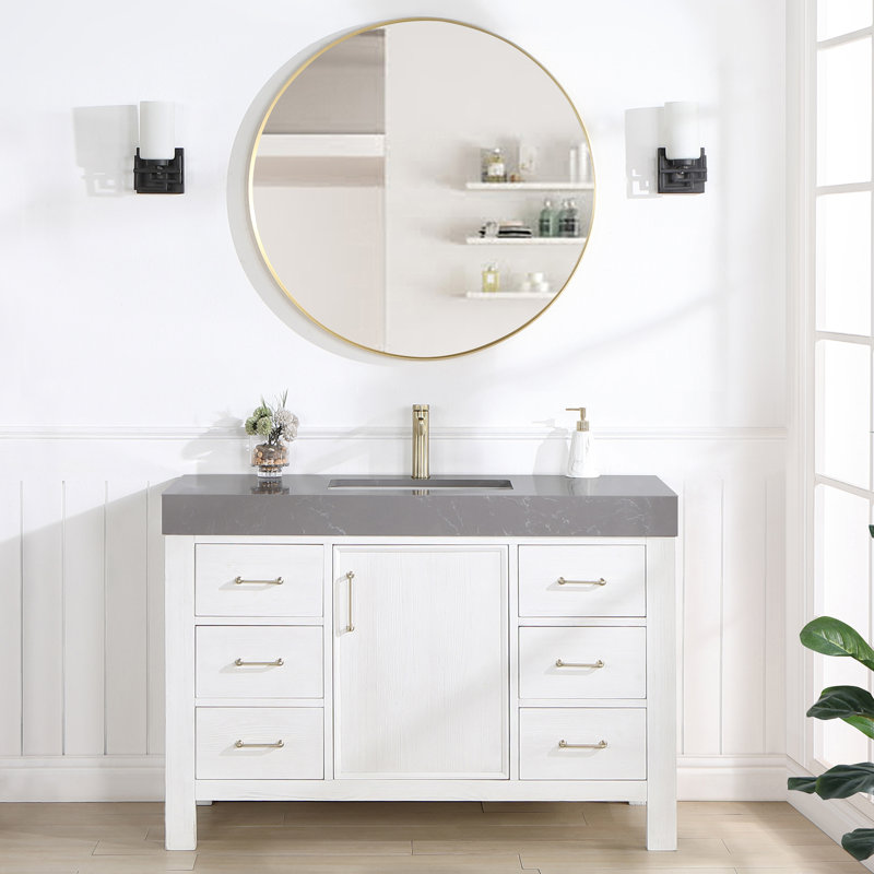 Ensemble de meuble-lavabo simple 48 "avec miroir, Blanc, Or, Blanc délavé