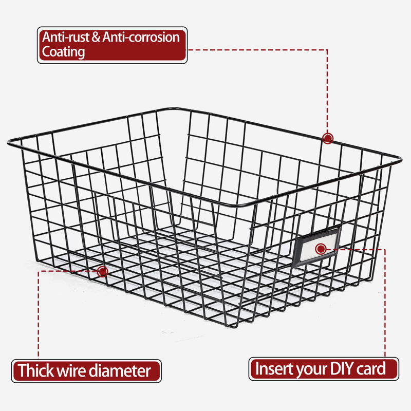 Extra Large Black Metal Wire Storage Baskets with Labels, Set of 6