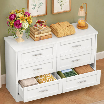 Commode double 6 tiroirs avec poignées en métal, commode moderne avec tiroirs profonds pour chambre à coucher, salon, entrée, blanc