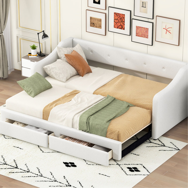 Twin Xl To King Size, Beige, Upholstered Daybed, Two Storage Drawers, Soft And , Wood Slats Support Expandable, King, Optimal Back Arm Support, No Spring Box Needed