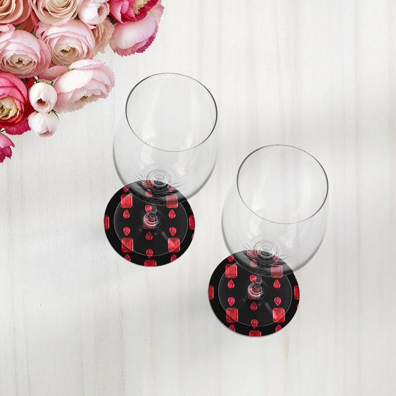 Gem Rubys Black Vegan Leather Round Coasters, Black