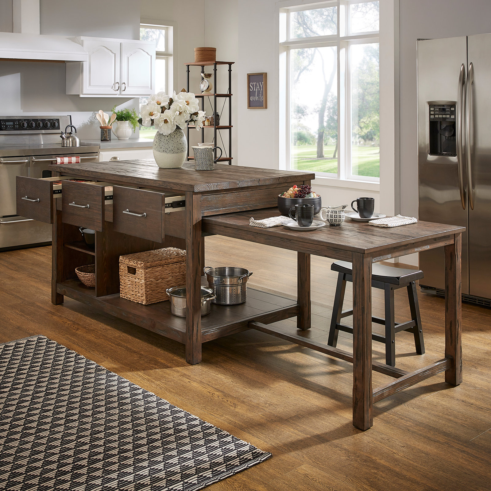 Tinka 3-Drawer Rectangle Pine Kitchen Island , Carbonized Pine, Brown
