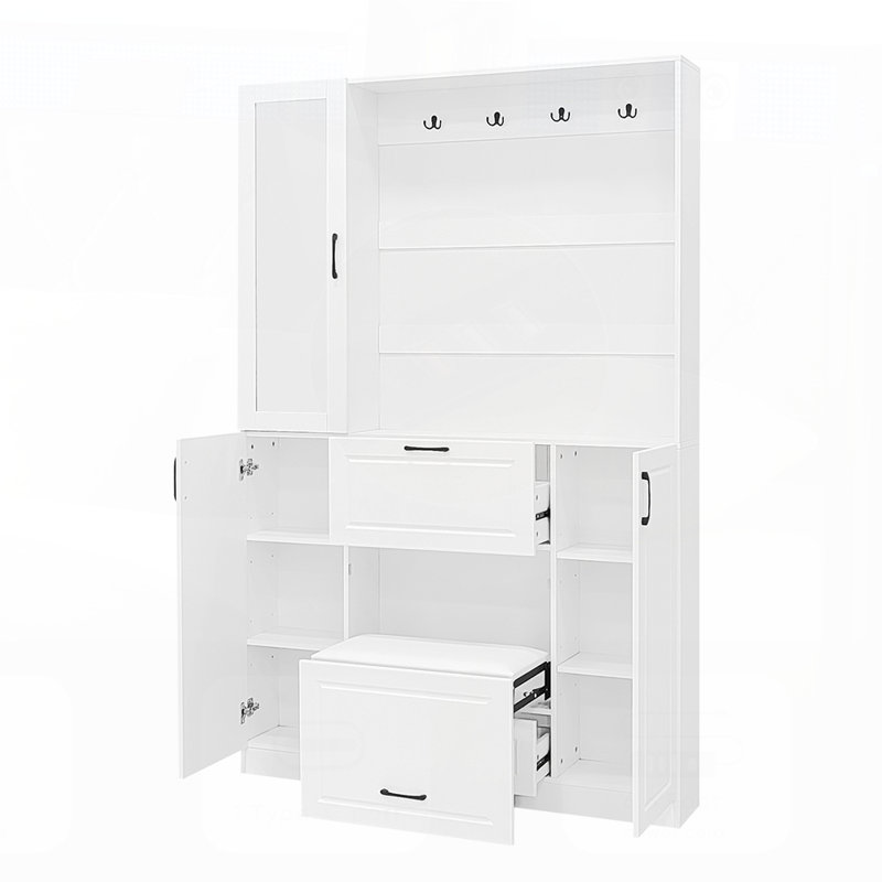 51.1''Hall Tree with 4 Sturdy Hooks and Foldable Seat for Entrance, Living Room