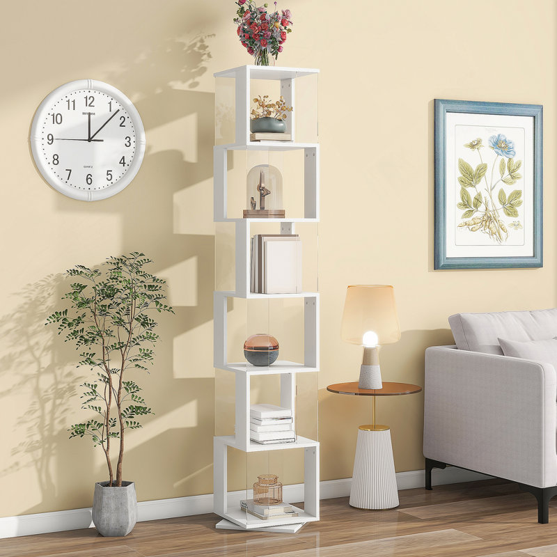 Bibliothèque rotative à 6 niveaux, support de plancher avec plaque en acrylique, bibliothèque multifonctionnelle pour le salon