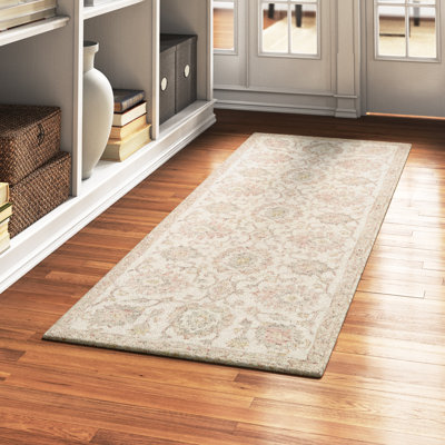 Tapis oriental ivoire / rosé en laine crocheté à la main Aden