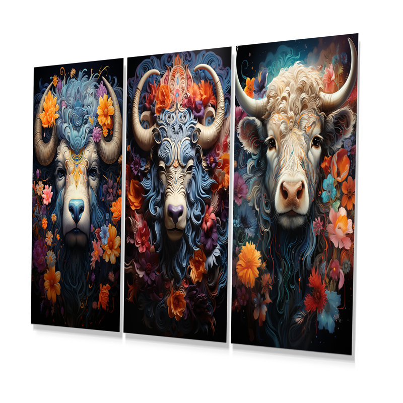 Yaks Cosmic Highlanders - Yaks, ensemble de 3 reproductions d'art en métal, H 32 po x l 48 po