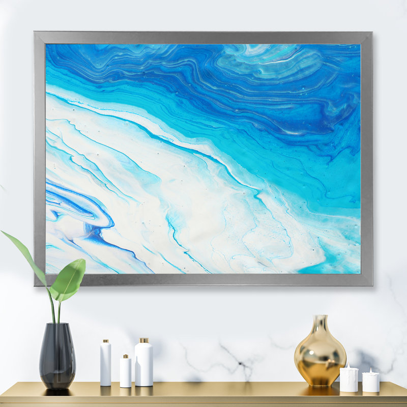 Bleu et blanc, vagues liquides I - Peinture sur toile, H 12 po x l 20 po x P 1 po, Cadre photo argenté
