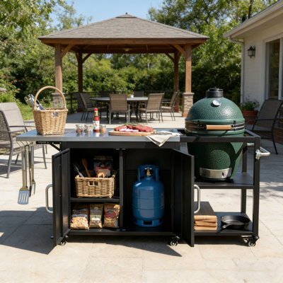 Chariot de barbecue extérieur en métal de 76,6 po de largeur avec plateau en acier inoxydable, abattant pliable et armoire de rangement - s'adapte aux grands œufs verts