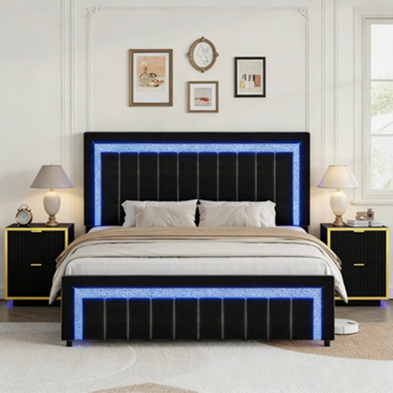 Ensemble de lit plateforme en velours capitonné à DEL avec velours moderne 2 pièces DEL - Suite de chambre à coucher lumineuse 3 pièces