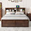 Lit plateforme très grand en bois avec tête de lit multi-rangements, ports USB et tiroirs, finition bois antique-200020962