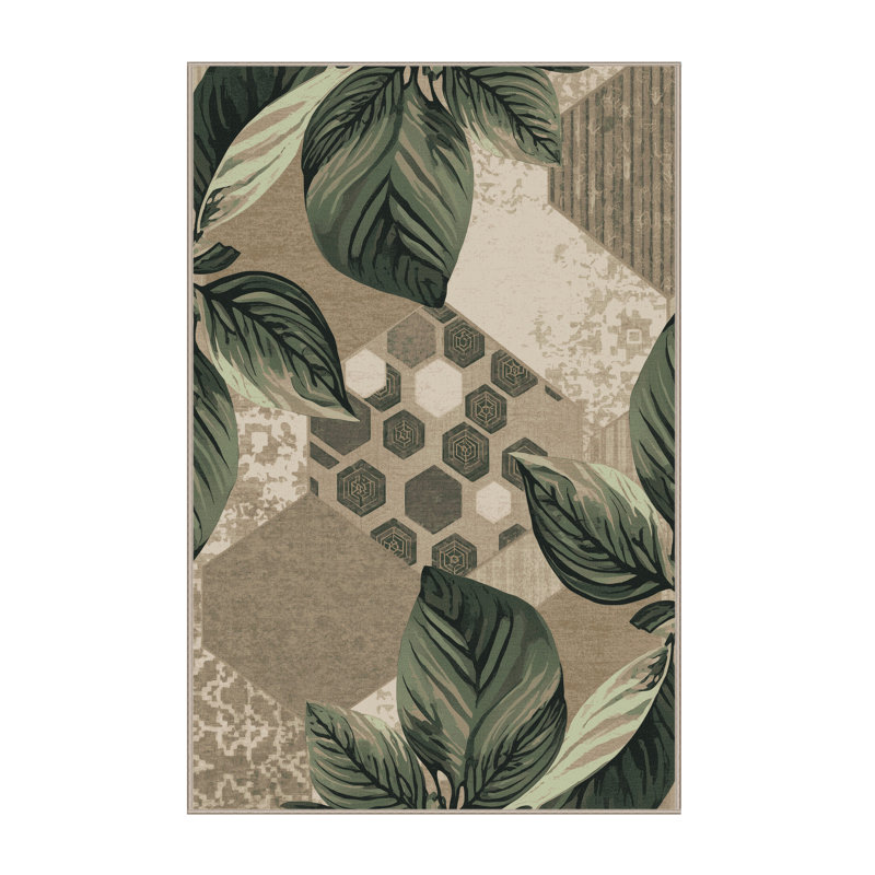 Machine Washable Parrilla Basil Global Inspired Geometric Rug in Brown – Beige Binding, 8x10