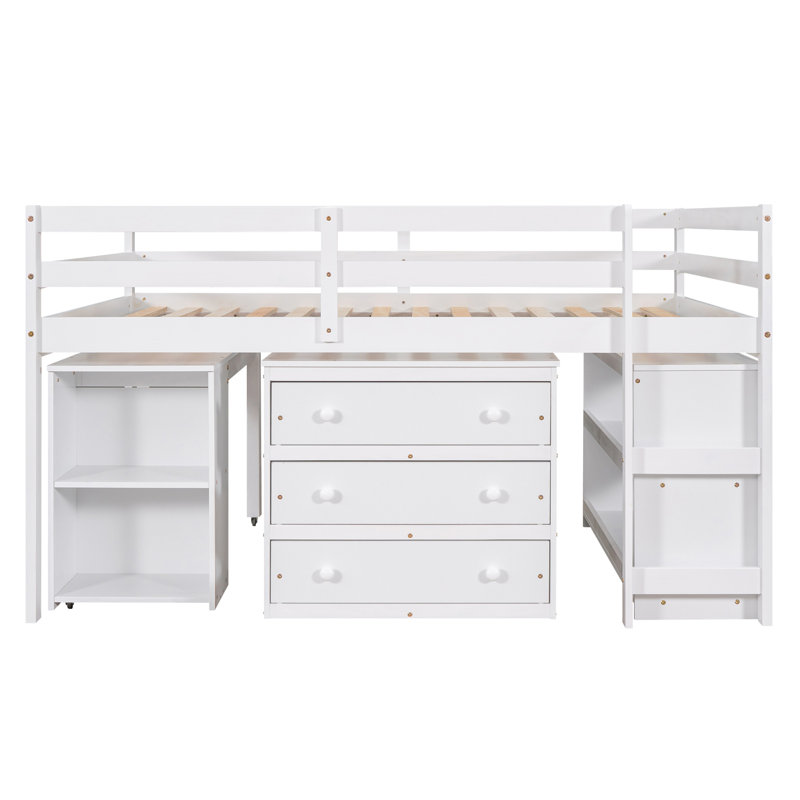 Lit mezzanine basse avec armoire, tablettes et bureau portatif à roulettes, offrant de multiples fonctions pour une expérience de vie et d'apprentissage améliorée