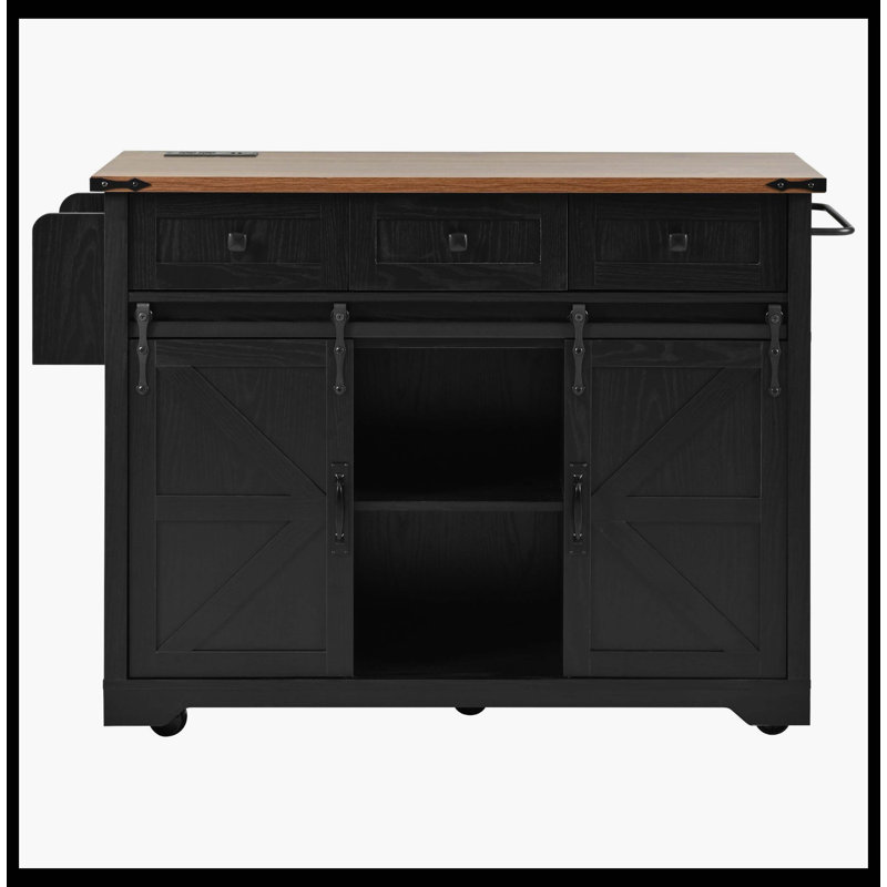 53.7" Farmhouse Kitchen Island With Power Outlet, 2 Sliding Barn Doors, Drop Leaf & Spice Rack, Rolling Kitchen Cart On Wheels For Kitchen & Dining Room, Black