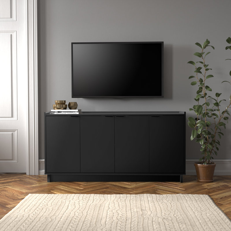 Prepac Black 4-Door Console Table with Adjustable Shelving
