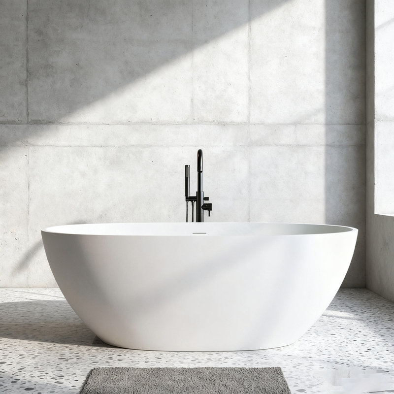 Solid Surface Soaking Tub with Thick Edge, Freestanding Design, and Pop-up Drain for a Luxurious Bathing Experience