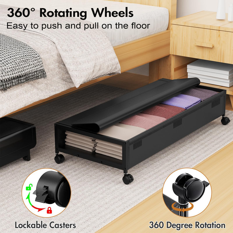 Black Metal and Fabric Lidded Under Bed Storage Box with Wheels