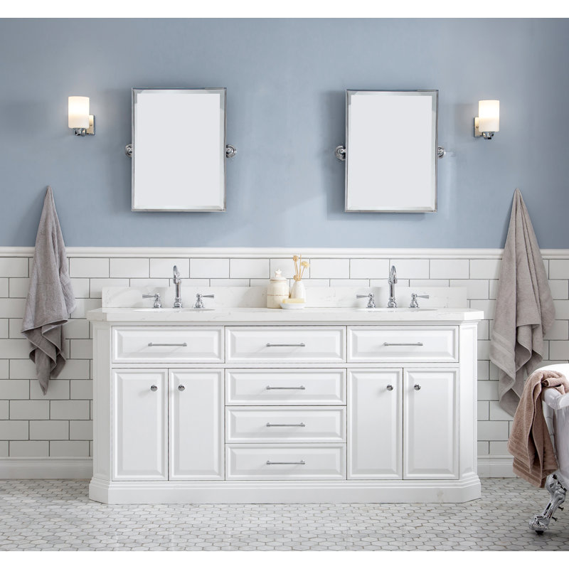 Meuble-lavabo de comptoir en quartz 72 po avec robinet Bruning de Bruning, Chrome, fixé sur le comptoir, Blanc pur, Crochet