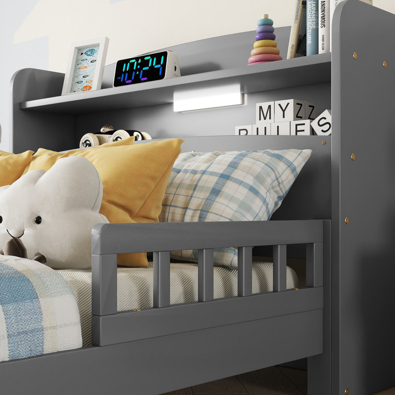 Marquece Wood Bed with Bookcase Headboard and LED Motion Sensor Light, Gray, Twin
