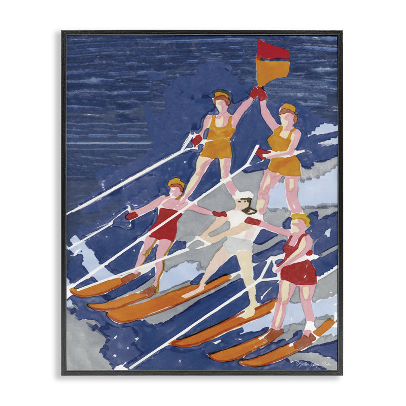 «Retro Waterski Team», peinture à l'aquarelle en pyramide aérobie XXL encadrée par estampe numérique par Stellar Design Studio