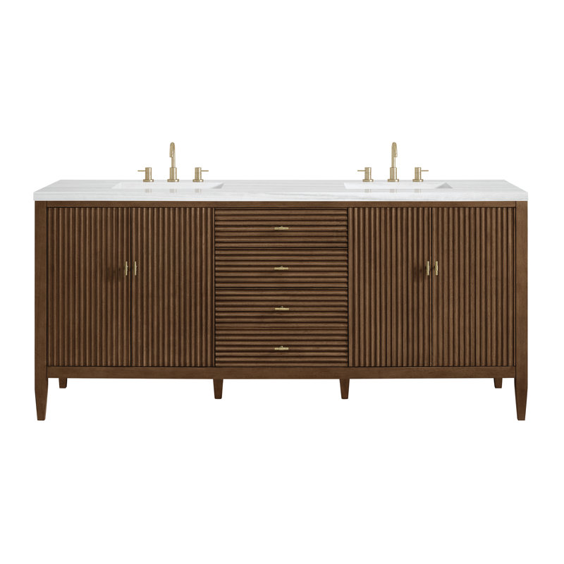 Myrrin 72'' W Double Vanity, Mid-Century Walnut, White Zeus, 8" Widespread