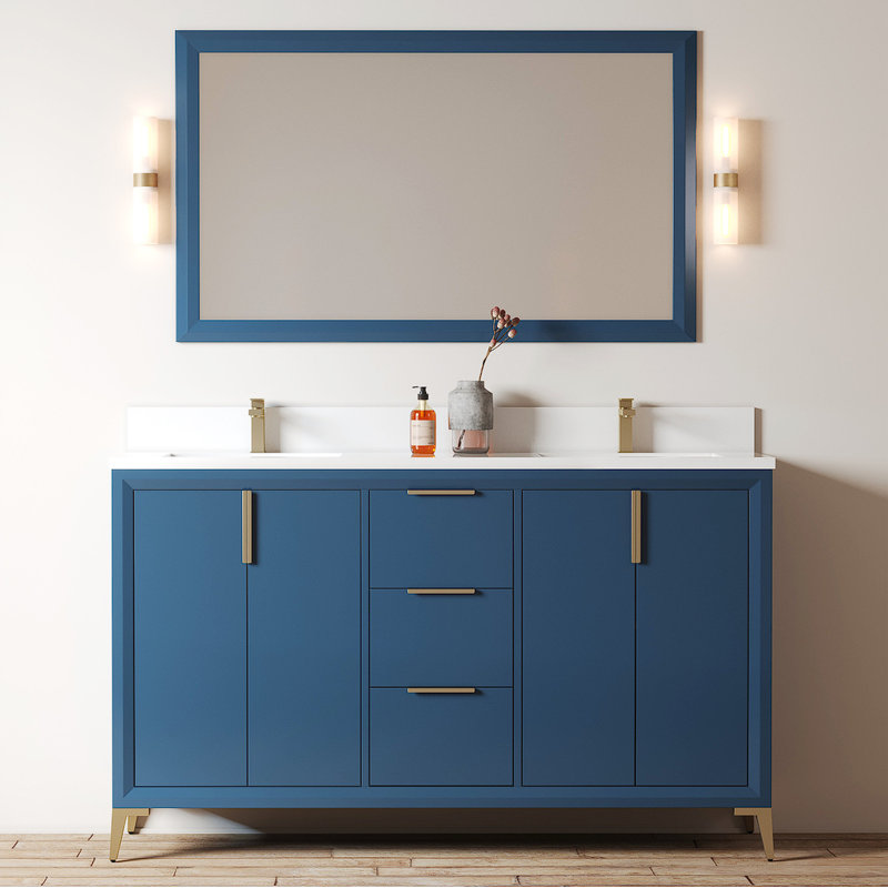 Meuble-lavabo double 60 po avec plateau Cardia, Bleu