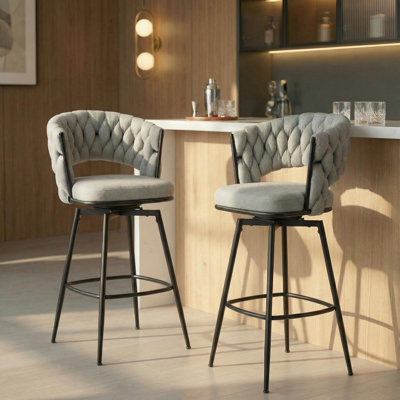 28" Grey Linen Swivel Bar Stools With Black Legs – Set Of 2, Counter Height With Back & Footrest