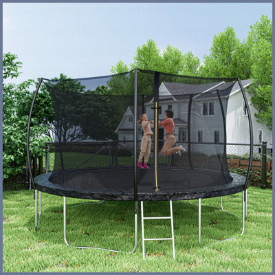 Trampoline de 14 pi (coussin de couleur double face), trampoline pour enfants et adultes avec filet et échelle, poteau de clôture incurvé