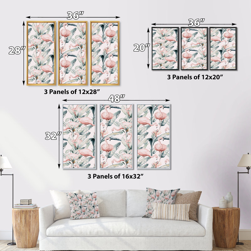 Feuilles tropicales avec flamant rose - impression sur toile flottante 3 pièces, H 28 po x l 36 po x P 1 po, Cadre noir