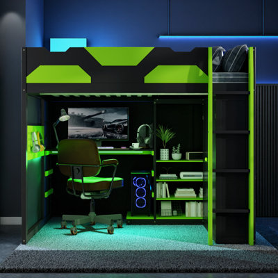 Lit mezzanine double pleine grandeur avec bureau et rangement RVB - Poste de travail réglable, charge USB, tablettes et garde-robe pour enfants