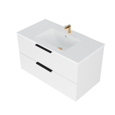 36 Inch Modern Wall Mounted Floating Bathroom Vanity Cabinet With White Ceramic Sink And Two Drawers, U Shaped First Drawer For Drain Setup, Big Storage Area, Multilayered Board, Easy Assembly Steps