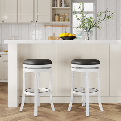 30" Bar Stool In White Finish, Bonded Leather Seat Black, Strong Build, 360 Swivel Stool, Black Upholstery, Hardwood, Chair